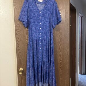 Brass & Roe Blue Floral Button-Front Midi Dress